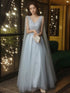 Light Blue V-neckline Beaded Floor Length Prom Dress, Light Blue Tulle Party Dress